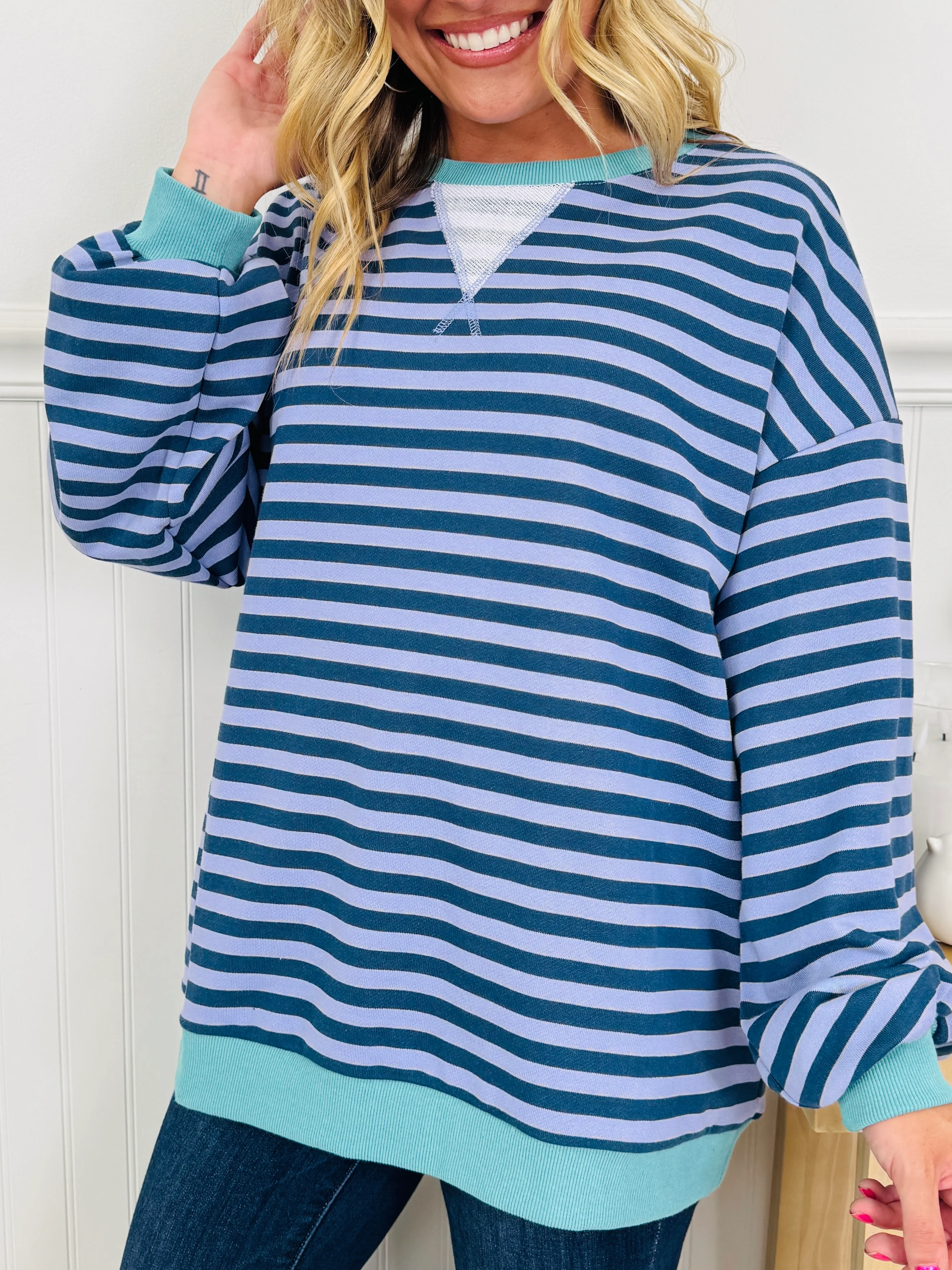 Stripe Story Pullover In Navy - Image 2